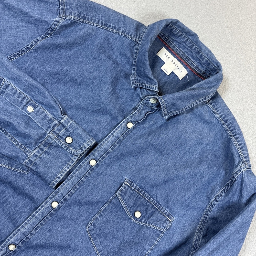 Aeropostale Women Snap‎ Shirt Size L Long Sleeve 100% Cotton Denim Blue